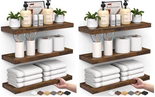 BAYKA Rustic Brown Bathroom Floating Shelves, 15.7in, 3Pk, Wall Mount Shelf
