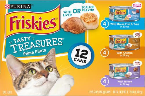 Friskies Purina Tasty Treasures Cat Food, Prime Filets Variety, (12) 5.5 oz