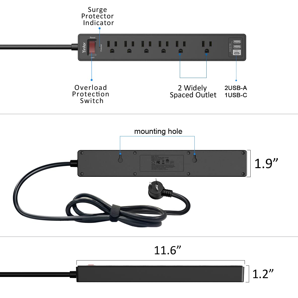 Yintar 6Ft Surge Protector Power Strip with 6 Outlets & 3 USB Ports, Black Father Jim Norris notebooks