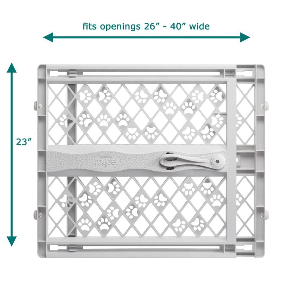 MYPET Paws Portable Pet Gate: 26-40" Wide Expandable, Pressure Mounted No Tools Needed, Durable Dog Gate for Doorways, Made in USA, 23" Tall, Fieldstone Gray
