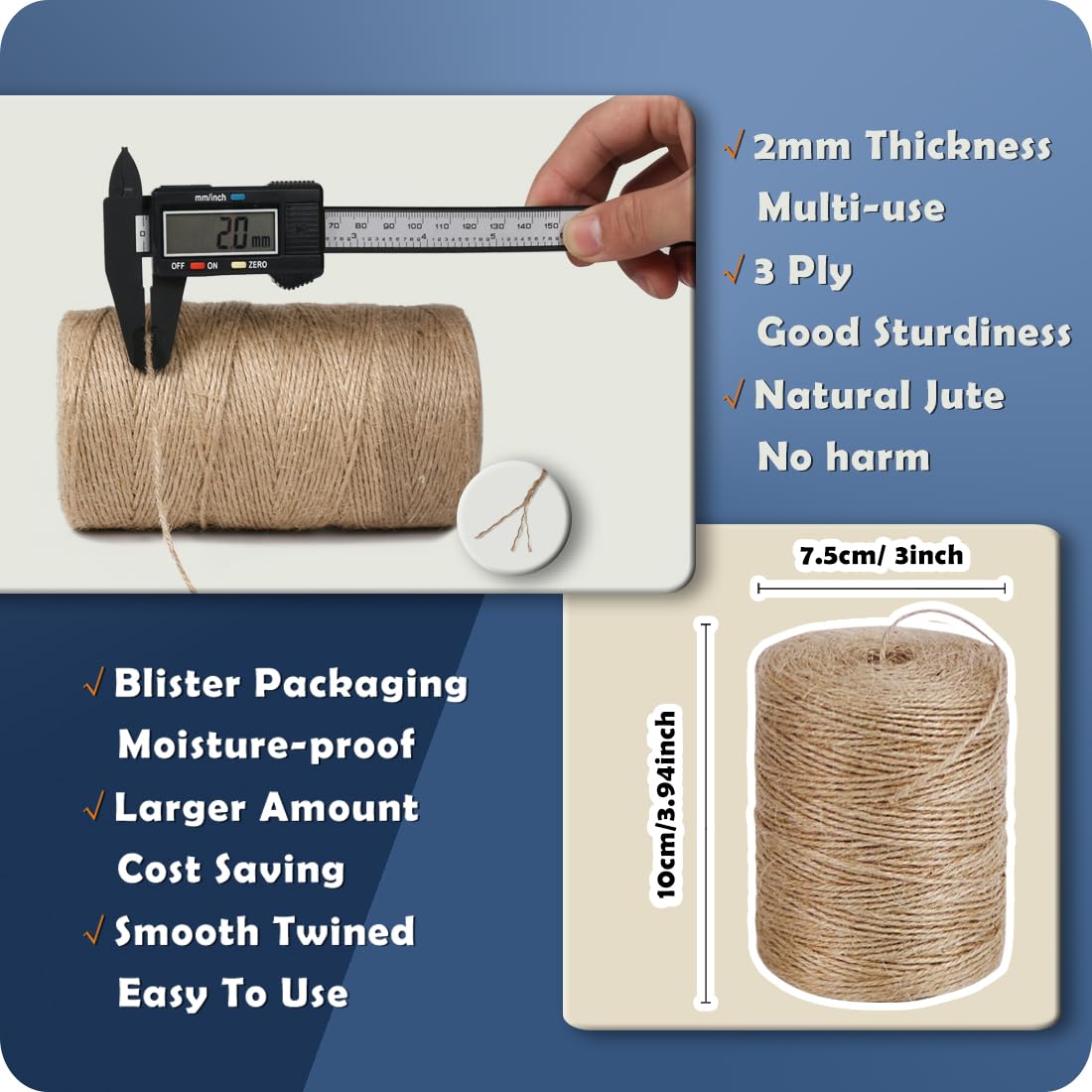 PerkHomy Natural Jute Twine 600 Feet Long Twine String for Crafts Gift Wrapping Packing Gardening Crochet Knitting Macrame Decor (Brown 2mm * 600feet)