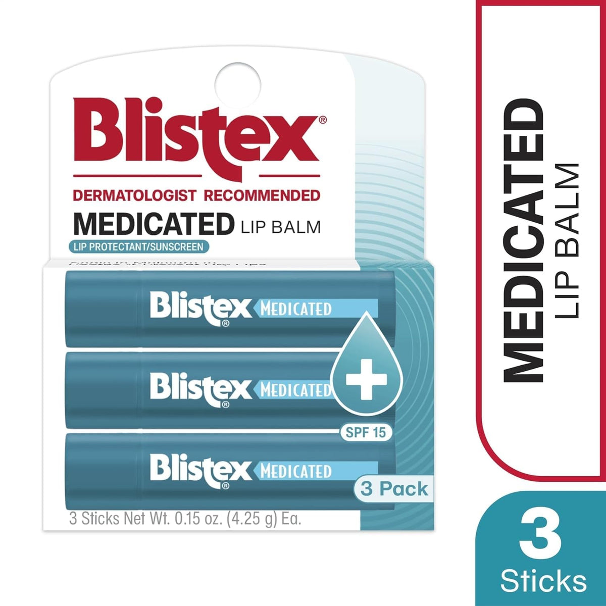 Blistex Medicated Mint Lip Balm SPF 15, 24 Hr Moisture, 0.15 oz, 3 Count