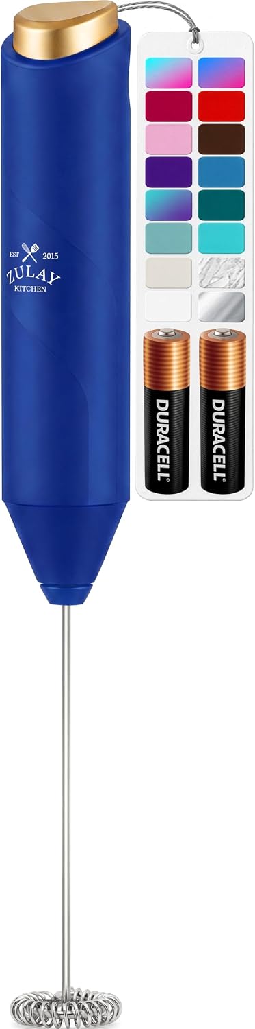 Zulay Kitchen Powerful Milk Frother Wand With Duracell Batteries - Ultra Fast Handheld Drink Mixer - Electric Whisk Foam Maker for Coffee, Lattes, Cappuccino & Matcha - Triple Whisk - Queen Turquoise
