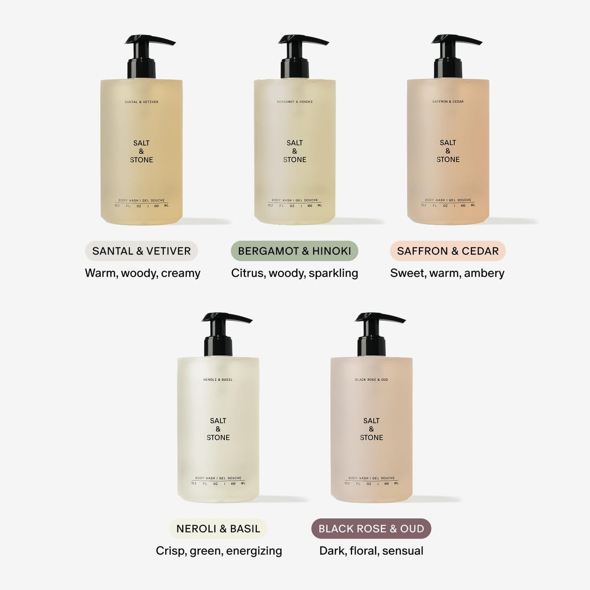 Salt & Stone Body Wash for Women & Men, Bergamot & Hinoki 15.2 fl oz