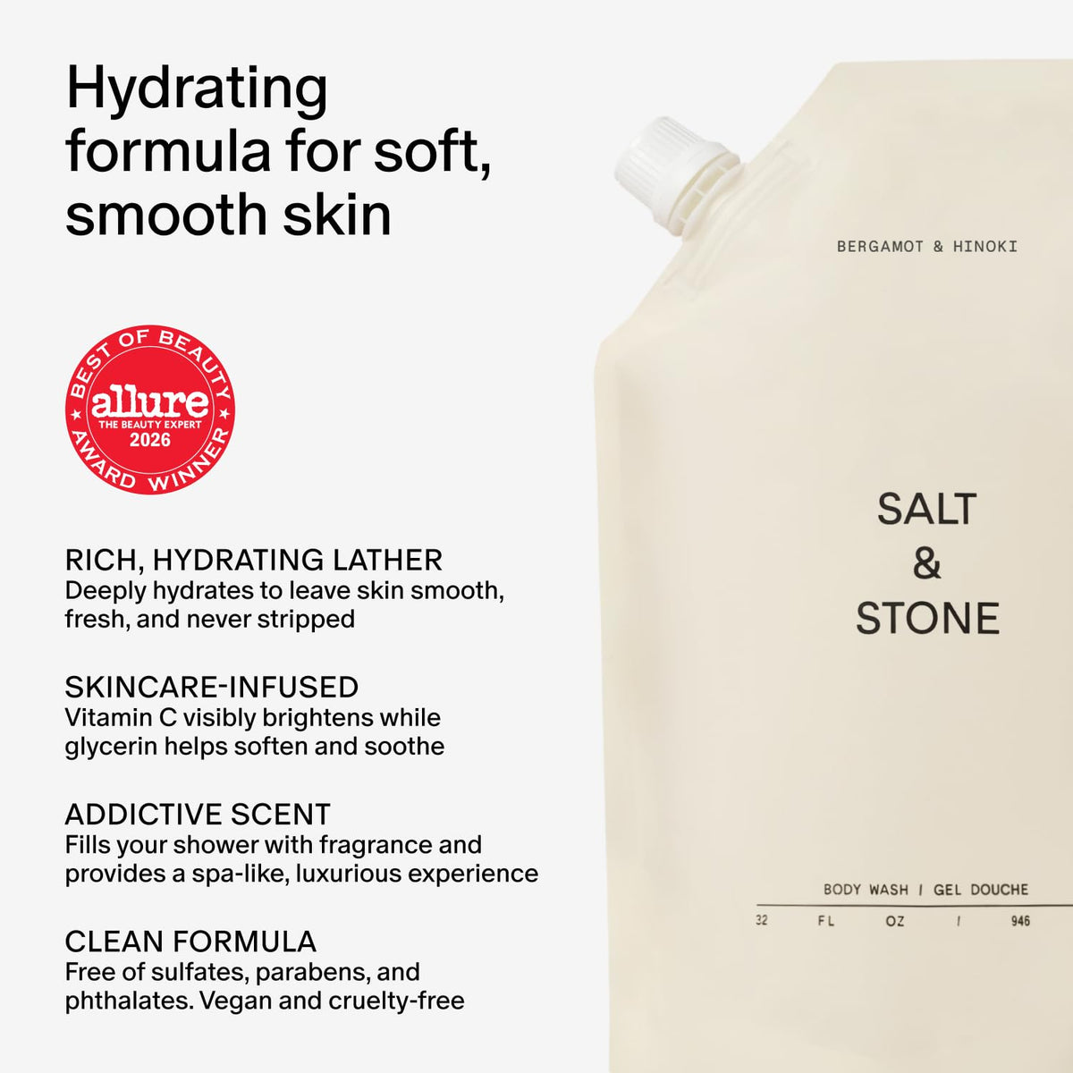 Salt & Stone Body Wash for Women & Men, Bergamot & Hinoki 15.2 fl oz
