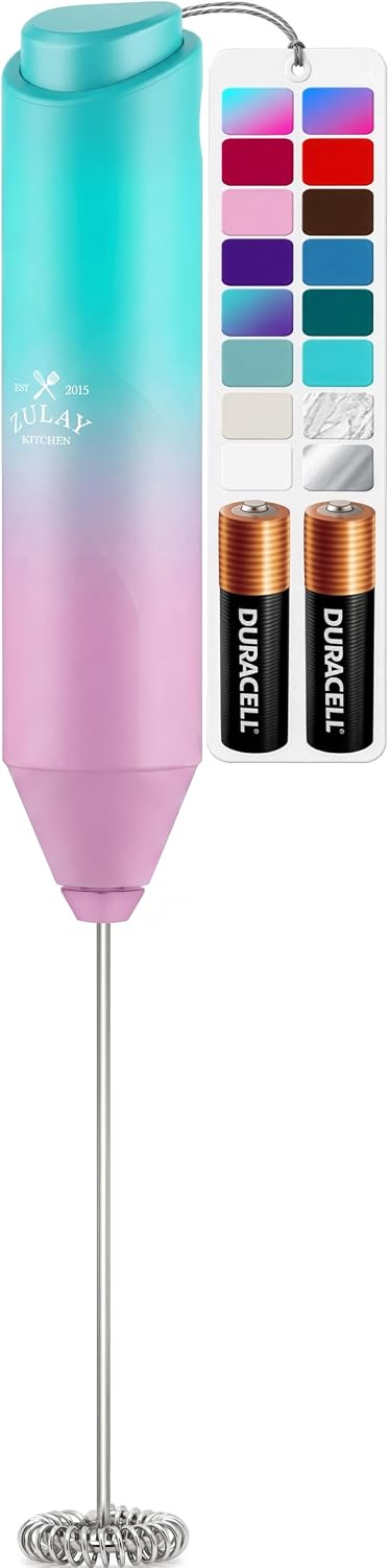 Zulay Kitchen Powerful Milk Frother Wand With Duracell Batteries - Ultra Fast Handheld Drink Mixer - Electric Whisk Foam Maker for Coffee, Lattes, Cappuccino & Matcha - Triple Whisk - Queen Turquoise
