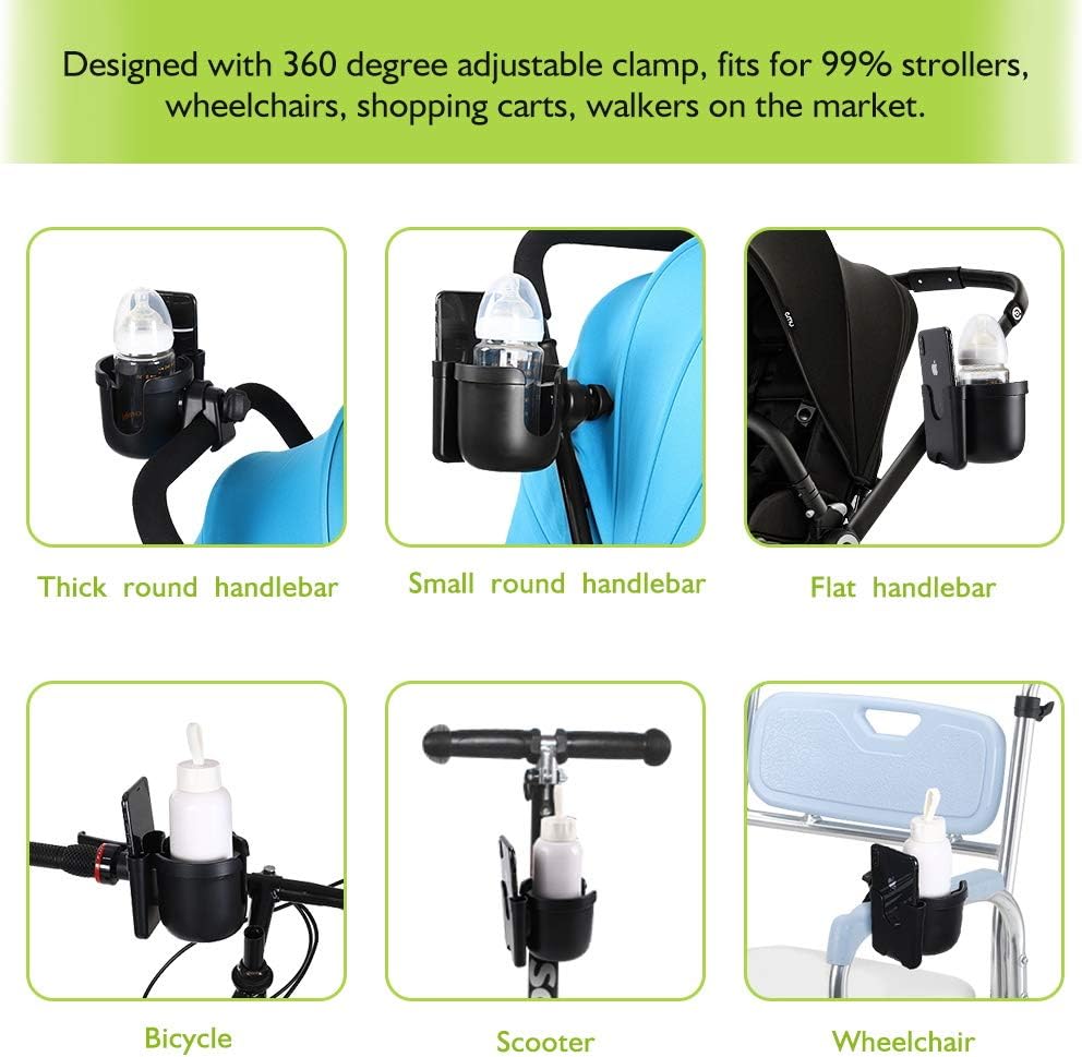 Accmor Stroller Cup Holder with Phone Holder, Bike Cup Holder, Walker Scooter Wheelchair Cup Holder Attachment, Universal Cup Holder for Uppababy Graco Strollers
