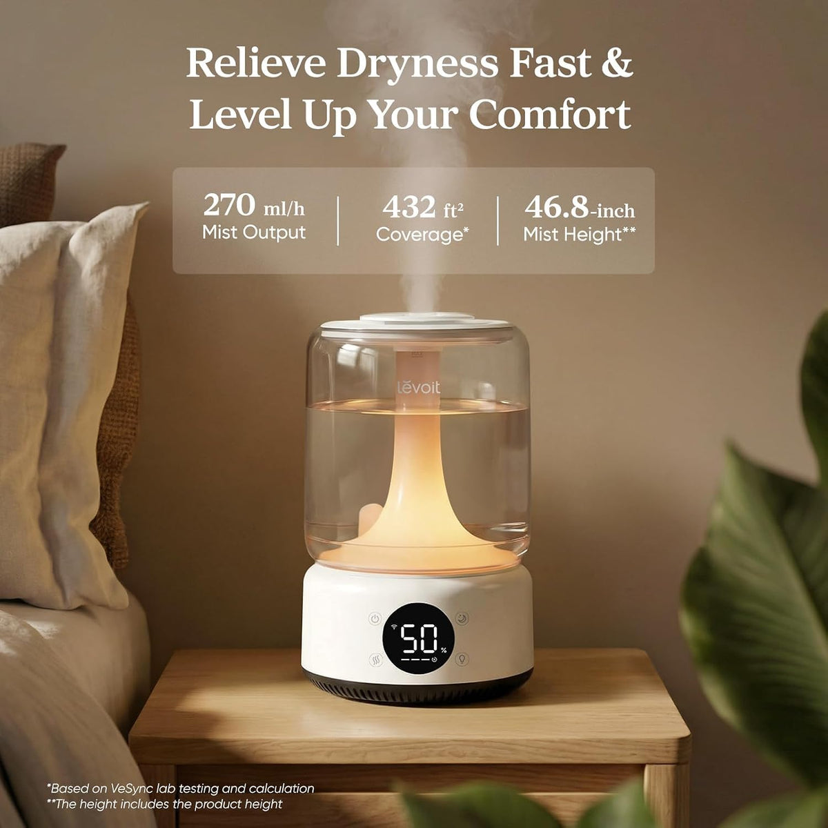 Levoit Humidifiers for Bedroom, Dishwasher Safe, Blue Light-Safe, 3.2L