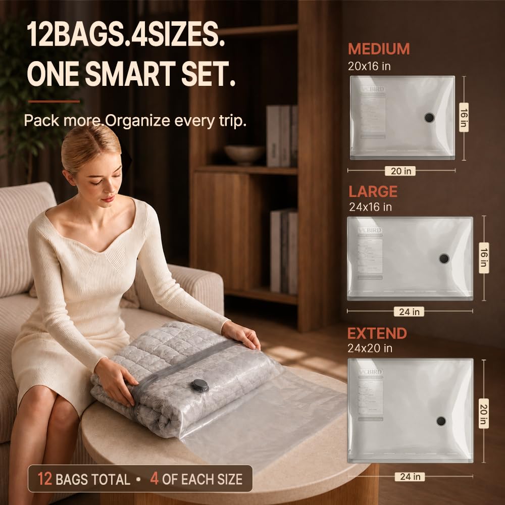 Vacbird Travel Vacuum Bags with Rechargeable Pump, 15 combo tarvel size