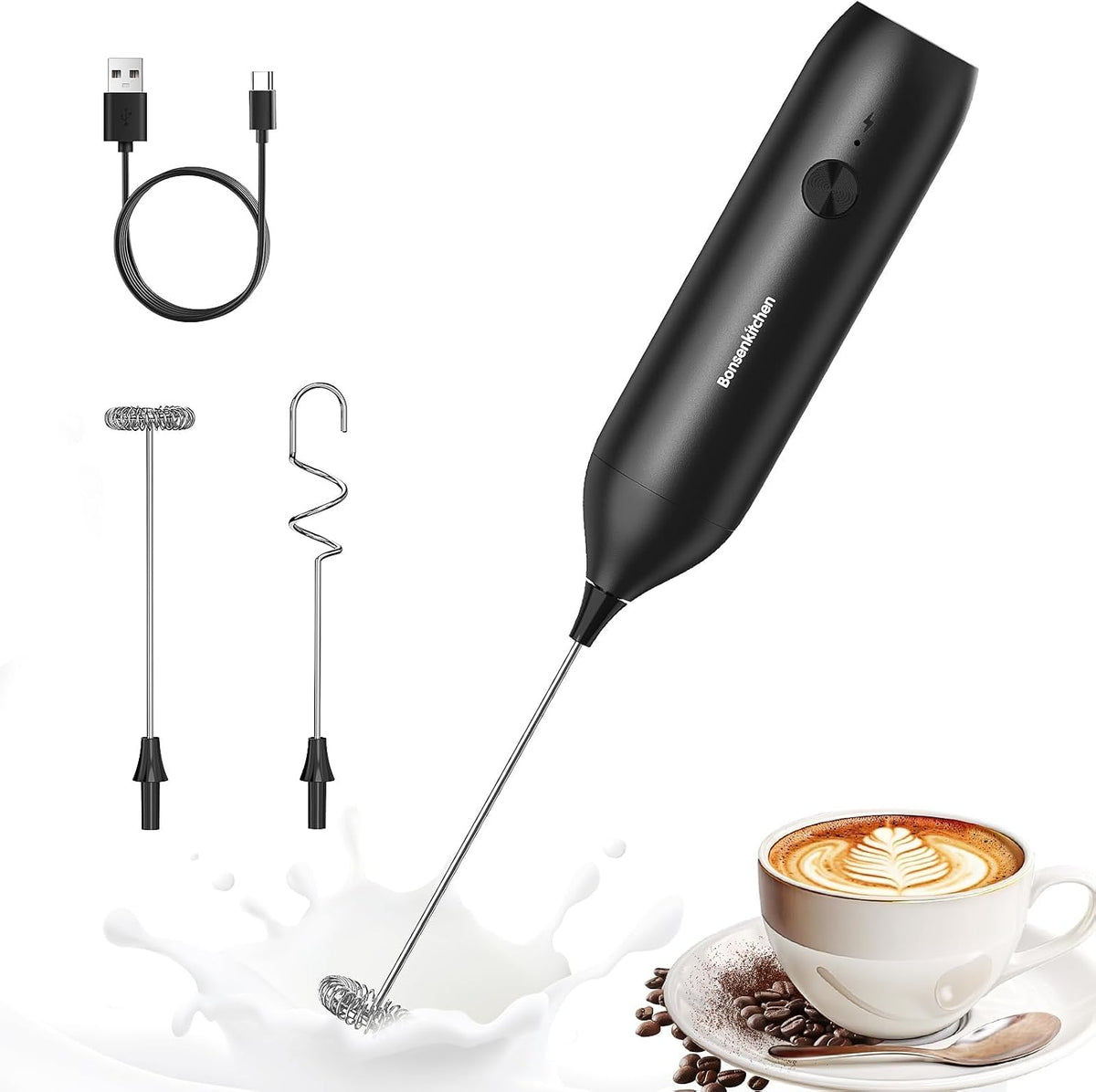 Bonsenkitchen Milk Frother for Coffee, Battery Operated, Black
