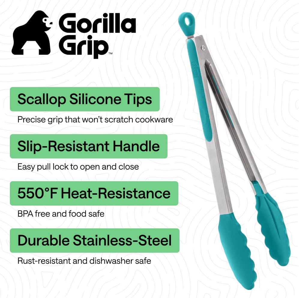 GORILLA GRIP Stainless Steel Kitchen Tongs for Cooking, 2 PK, Turquoise Father Jim Norris notebooks