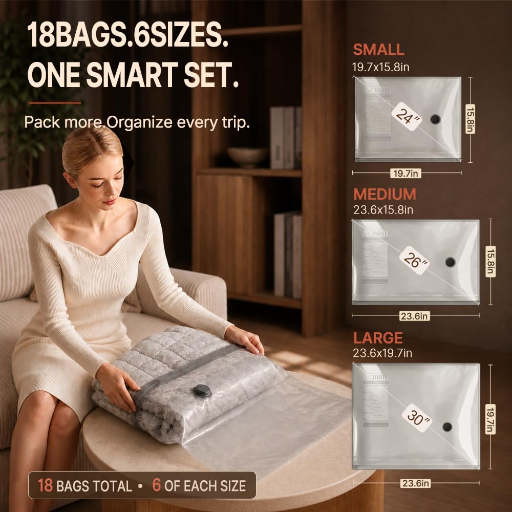 Vacbird Travel Vacuum Bags with Rechargeable Pump, 15 combo tarvel size