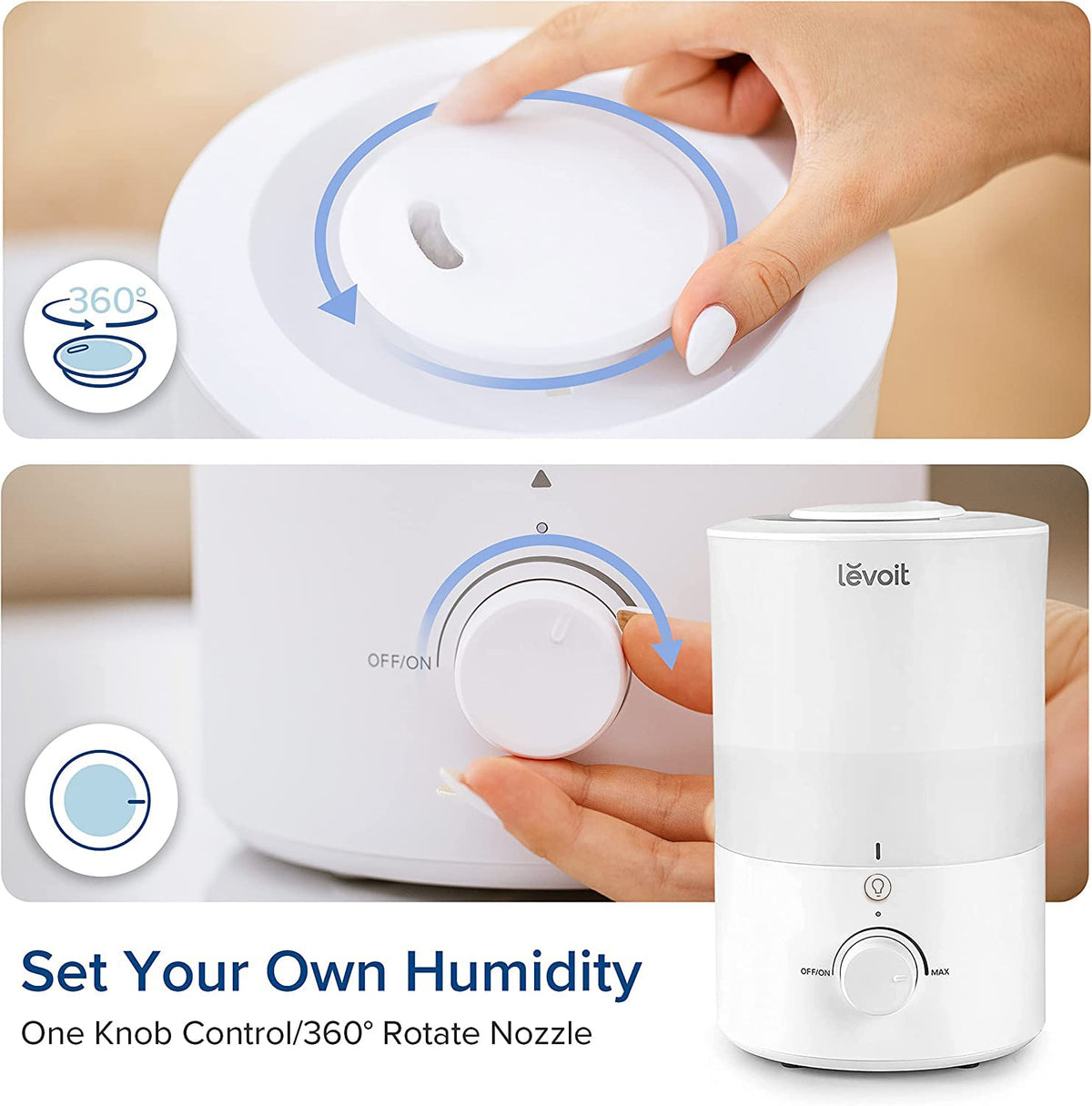 Levoit Humidifiers for Bedroom, Dishwasher Safe, Blue Light-Safe, 3.2L
