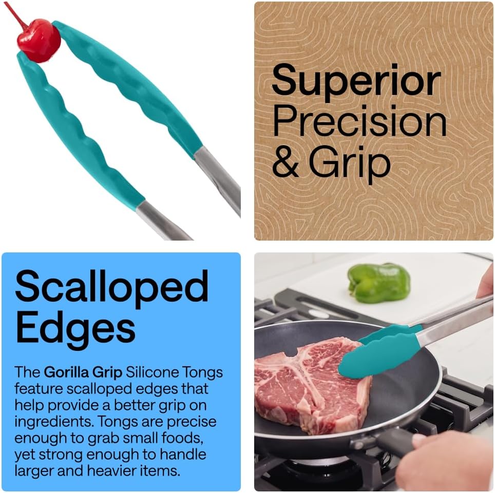 GORILLA GRIP Stainless Steel Kitchen Tongs for Cooking, 2 PK, Turquoise Father Jim Norris notebooks