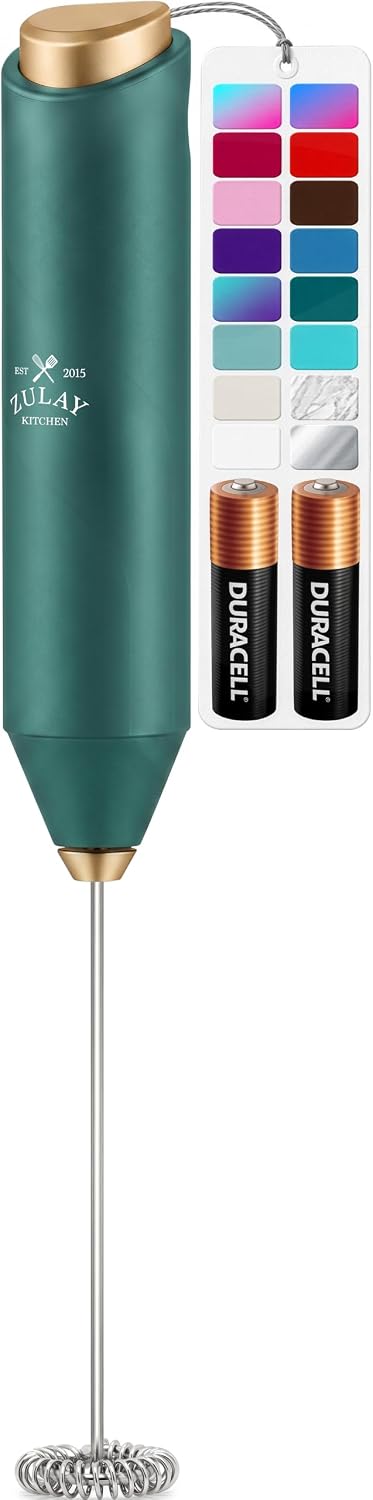 Zulay Kitchen Powerful Milk Frother Wand With Duracell Batteries - Ultra Fast Handheld Drink Mixer - Electric Whisk Foam Maker for Coffee, Lattes, Cappuccino & Matcha - Triple Whisk - Queen Turquoise