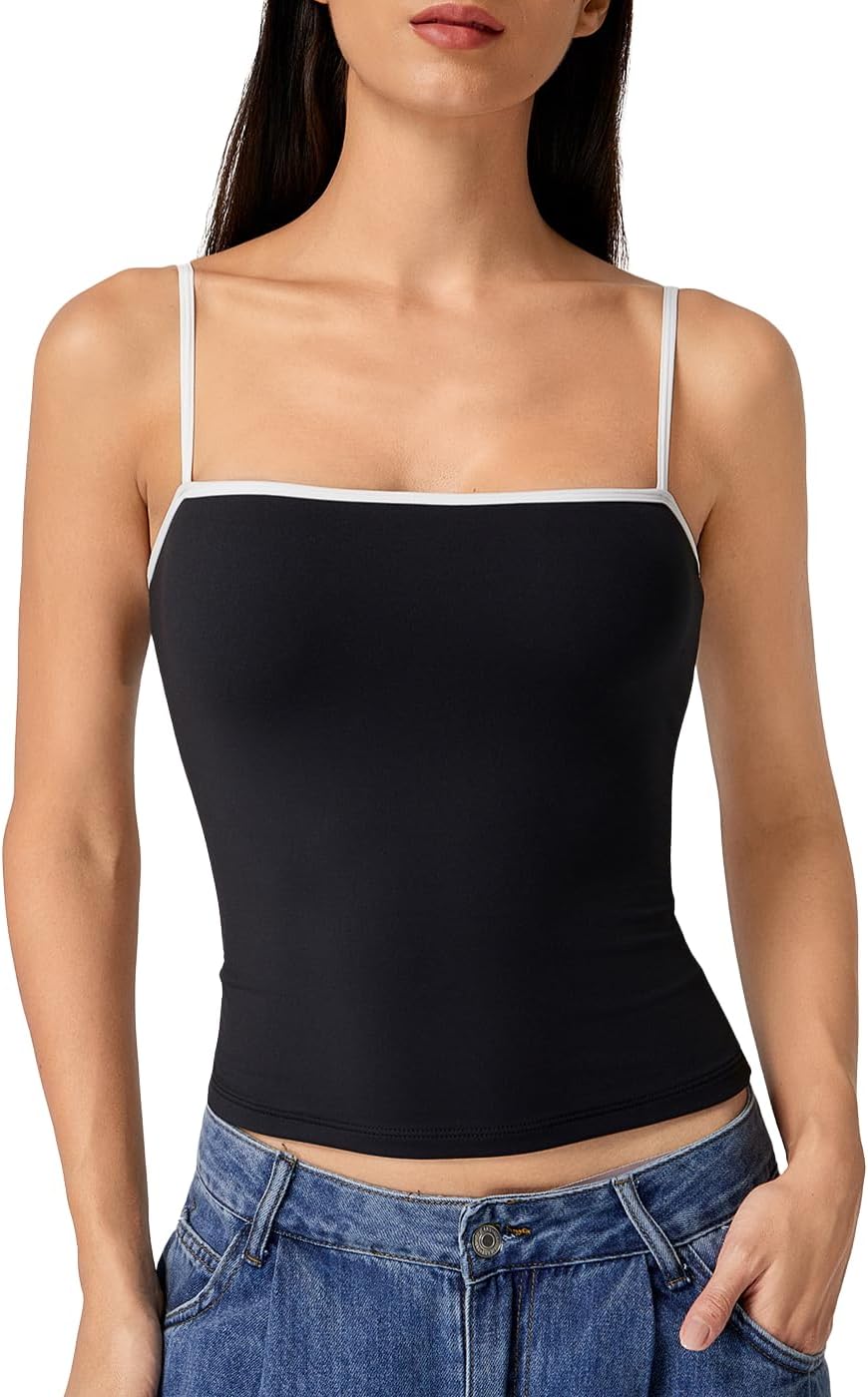 QINSEN Women's Double Lined Basic Tank Top Adjustable Spaghetti Straps Sleeveless Camisole Shirts