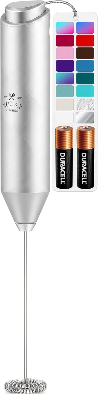 Zulay Kitchen Powerful Milk Frother Wand With Duracell Batteries - Ultra Fast Handheld Drink Mixer - Electric Whisk Foam Maker for Coffee, Lattes, Cappuccino & Matcha - Triple Whisk - Queen Turquoise