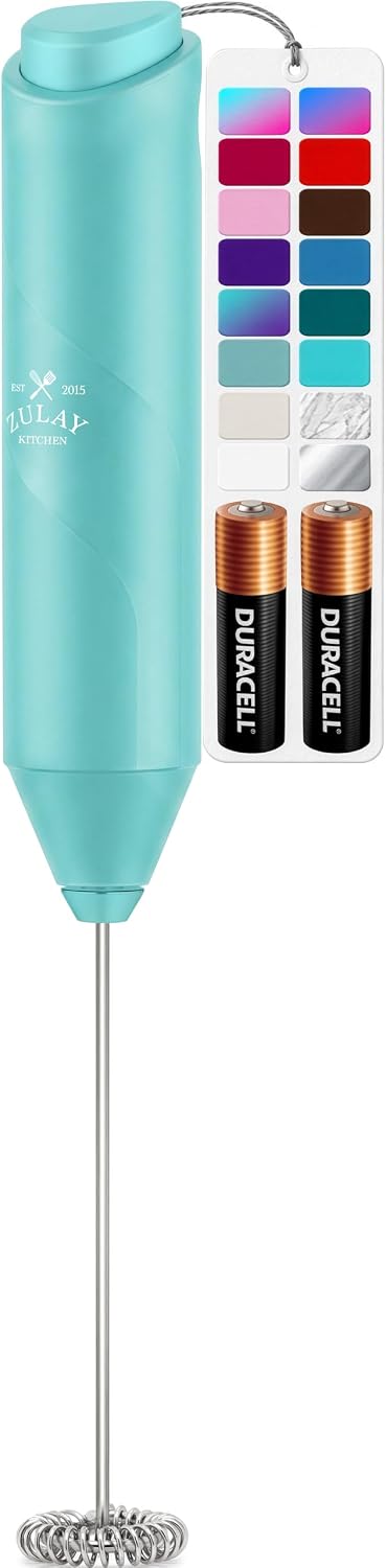 Zulay Kitchen Powerful Milk Frother Wand With Duracell Batteries - Ultra Fast Handheld Drink Mixer - Electric Whisk Foam Maker for Coffee, Lattes, Cappuccino & Matcha - Triple Whisk - Queen Turquoise