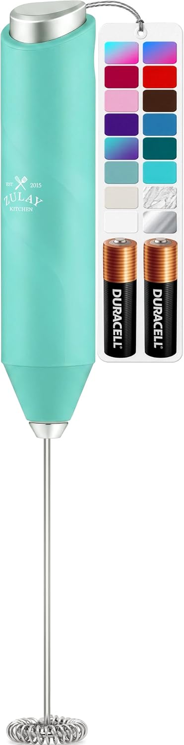 Zulay Kitchen Powerful Milk Frother Wand With Duracell Batteries - Ultra Fast Handheld Drink Mixer - Electric Whisk Foam Maker for Coffee, Lattes, Cappuccino & Matcha - Triple Whisk - Queen Turquoise