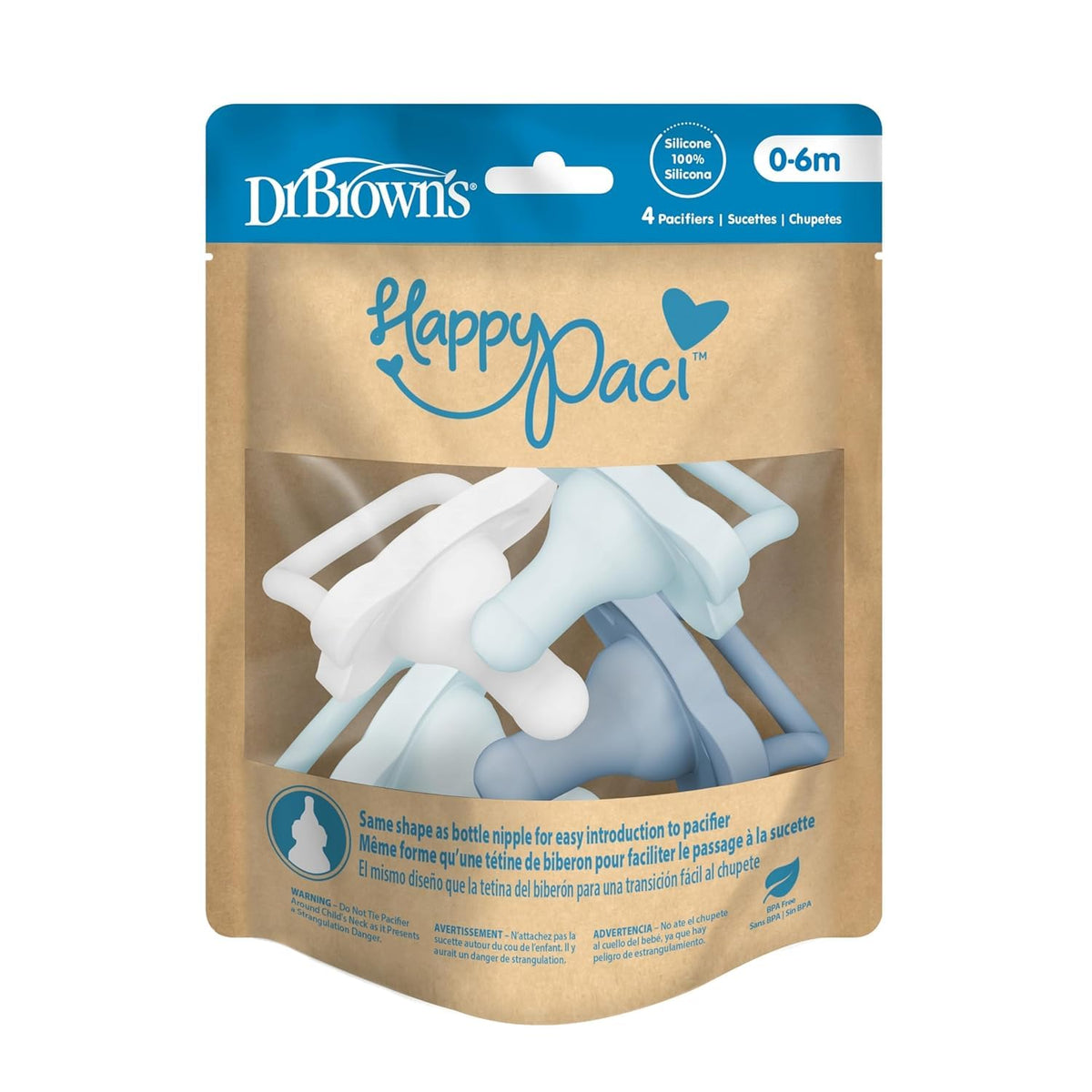 Dr. Brown's HappyPaci Baby Pacifier, Gray, Green, Ecru, 0-6m, 4-Pack