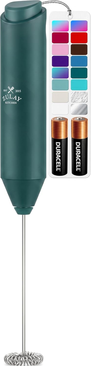 Zulay Kitchen Powerful Milk Frother Wand With Duracell Batteries - Ultra Fast Handheld Drink Mixer - Electric Whisk Foam Maker for Coffee, Lattes, Cappuccino & Matcha - Triple Whisk - Queen Turquoise