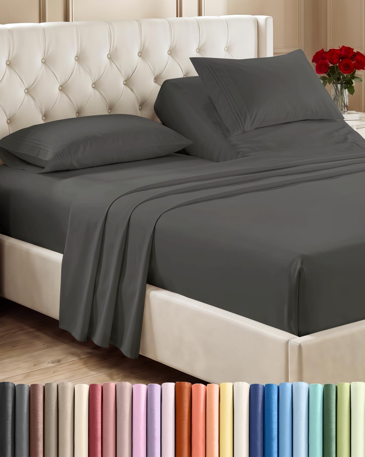 Queen Size 4 Piece Sheet Set - Breathable & Cooling Sheets - Dark Grey