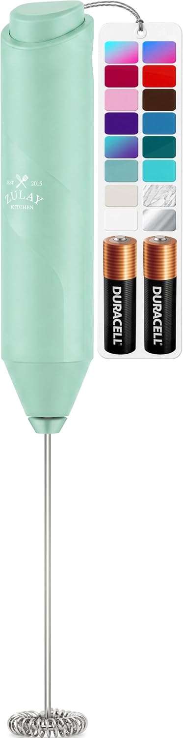 Zulay Kitchen Powerful Milk Frother Wand With Duracell Batteries - Ultra Fast Handheld Drink Mixer - Electric Whisk Foam Maker for Coffee, Lattes, Cappuccino & Matcha - Triple Whisk - Queen Turquoise