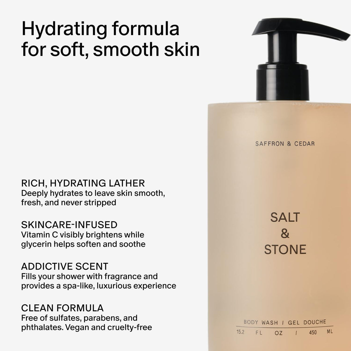 Salt & Stone Body Wash for Women & Men, Bergamot & Hinoki 15.2 fl oz