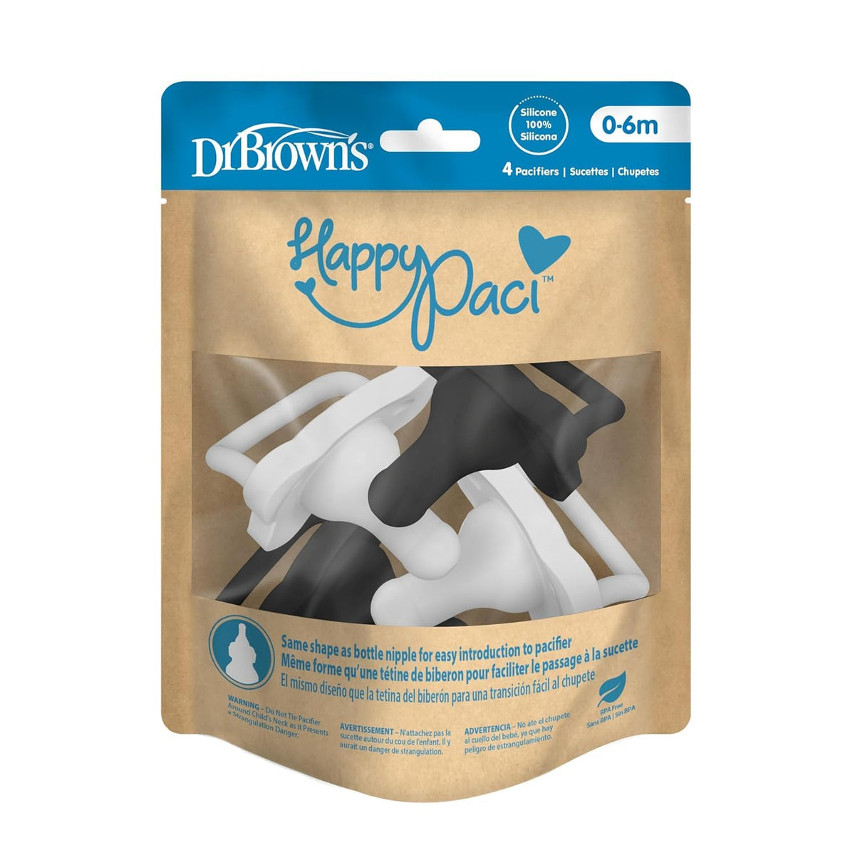 Dr. Brown's HappyPaci Baby Pacifier, Gray, Green, Ecru, 0-6m, 4-Pack