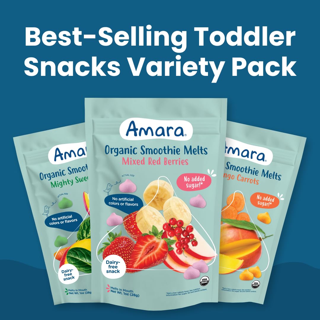 Amara Smoothie Melts - Best Sellers Variety Pack - Baby Snacks Made With Fruits and Vegetables - Healthy Toddler Snacks For Your Kids Lunch Box - Organic Plant Based Yogurt Melts - 6 Packs