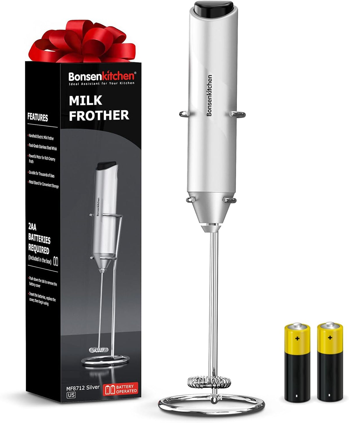 Bonsenkitchen Milk Frother for Coffee, Battery Operated, Black
