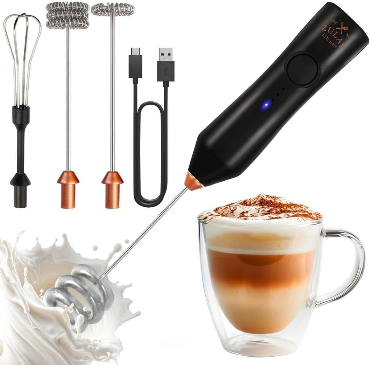 Zulay Kitchen Powerful Milk Frother Wand With Duracell Batteries - Ultra Fast Handheld Drink Mixer - Electric Whisk Foam Maker for Coffee, Lattes, Cappuccino & Matcha - Triple Whisk - Queen Turquoise