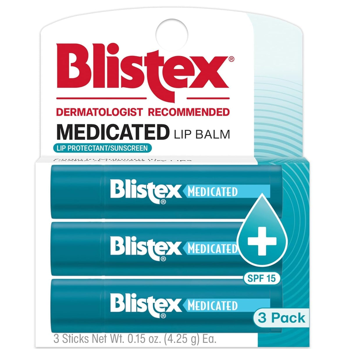 Blistex Medicated Mint Lip Balm SPF 15, 24 Hr Moisture, 0.15 oz, 3 Count