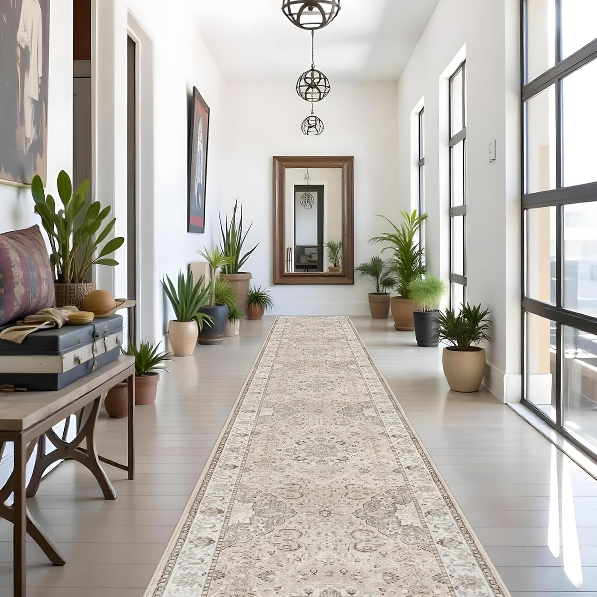 Hallway Washable Runner Rug - 3x10 Kitchen Rugs Entryway Rug Runner Vintage Soft Floor Mat Non Slip Indoor Farmhouse Carpet for Bathroom Living Room Bedroom (3 X 10, Beige)