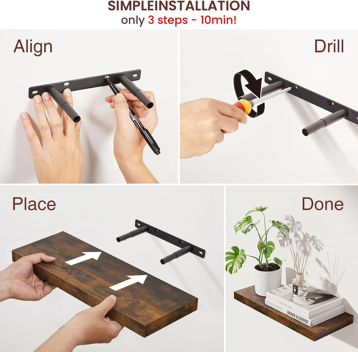 BAYKA Rustic Brown Bathroom Floating Shelves, 15.7in, 3Pk, Wall Mount Shelf