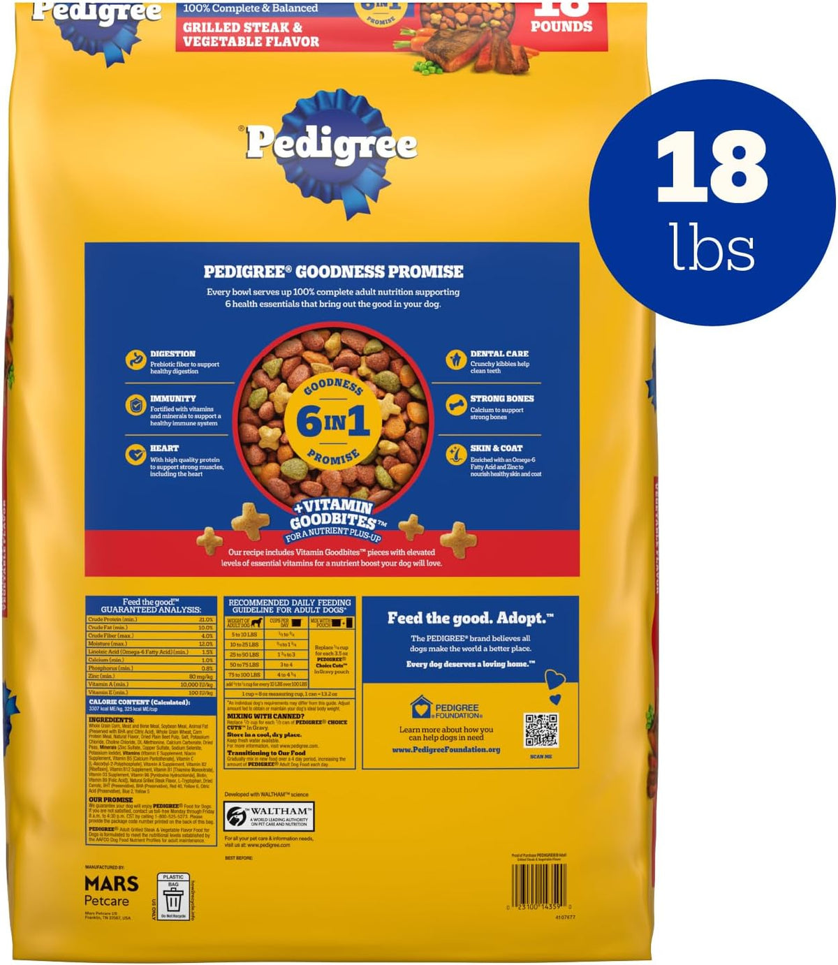 Pedigree Adult Complete Nutrition Dry Dog Food, Steak & Vegetable, 18 lb