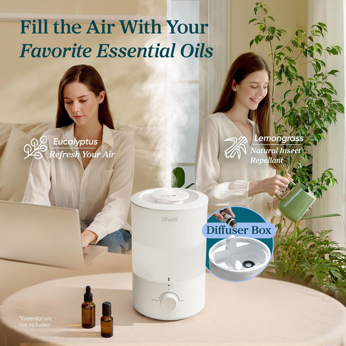 Levoit Humidifiers for Bedroom, Dishwasher Safe, Blue Light-Safe, 3.2L