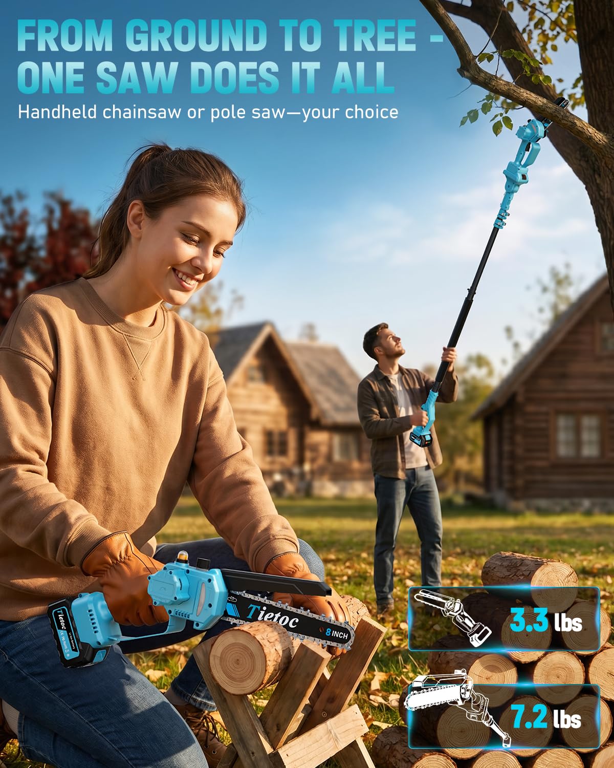TIETOC 2-in-1 Brushless Pole Saw for Tree Trimming – 8" Mini Electric Chainsaw with 2×4000mAh Batteries, Auto Oiling, Tool-Free Adjustment,Cordless Battery Powered Saw for Home Garden Branch Cutting Father Jim Norris notebooks