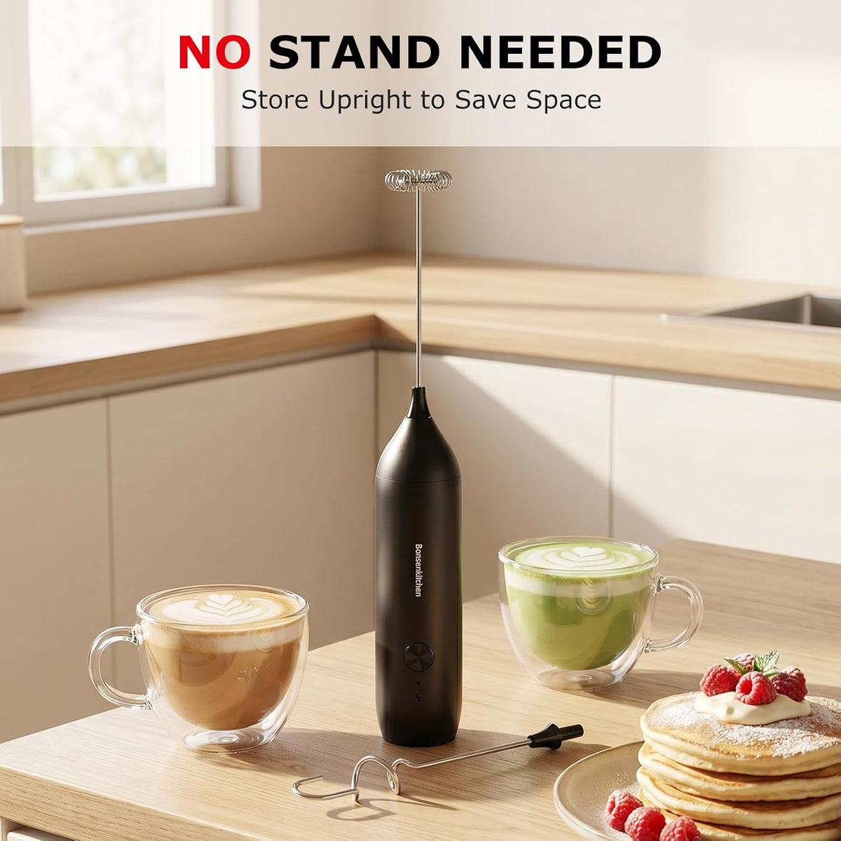 Bonsenkitchen Milk Frother for Coffee, Battery Operated, Black