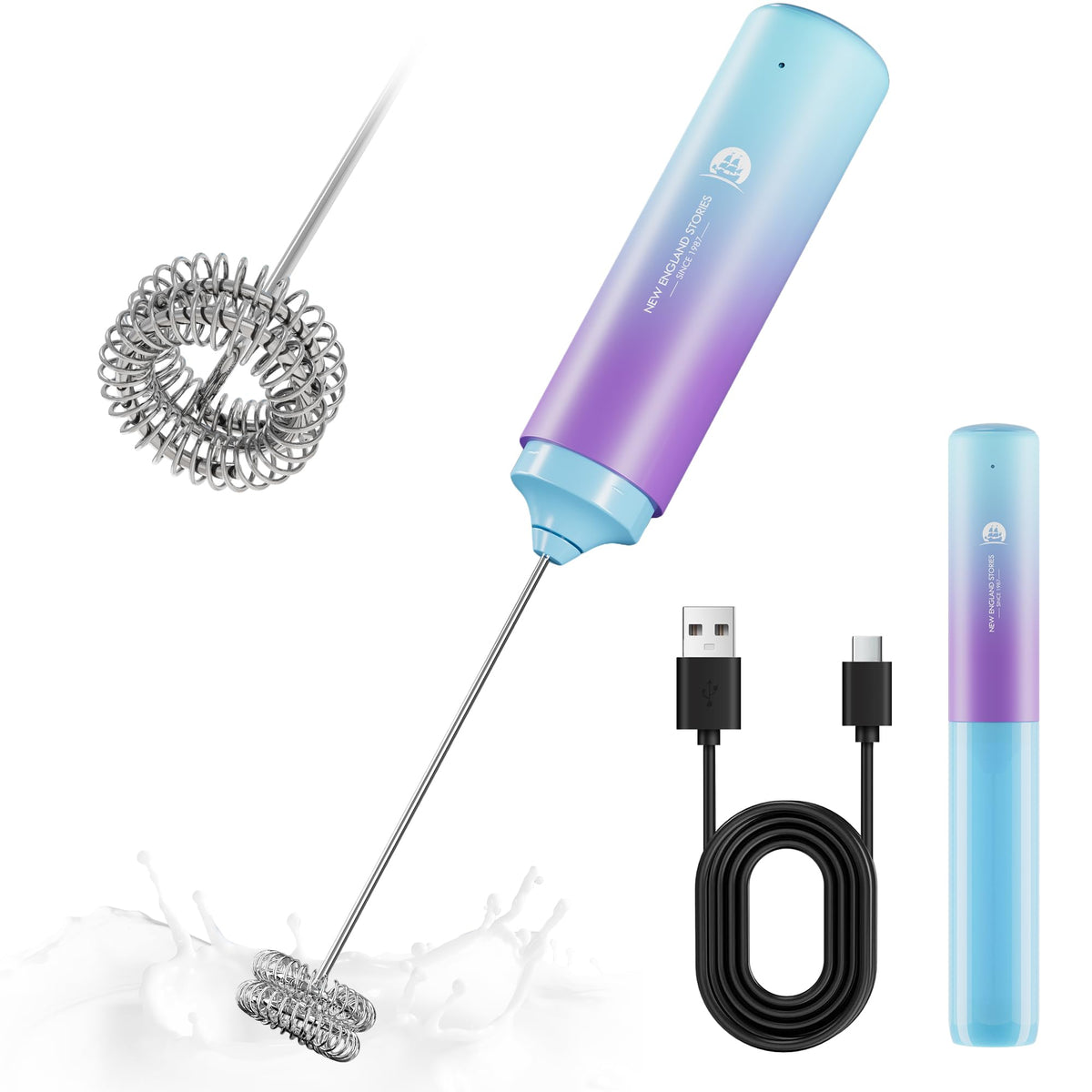 Rechargeable Milk Frother Handheld, 2-IN-1 Dual Spring Whisk Electric Frother Wand