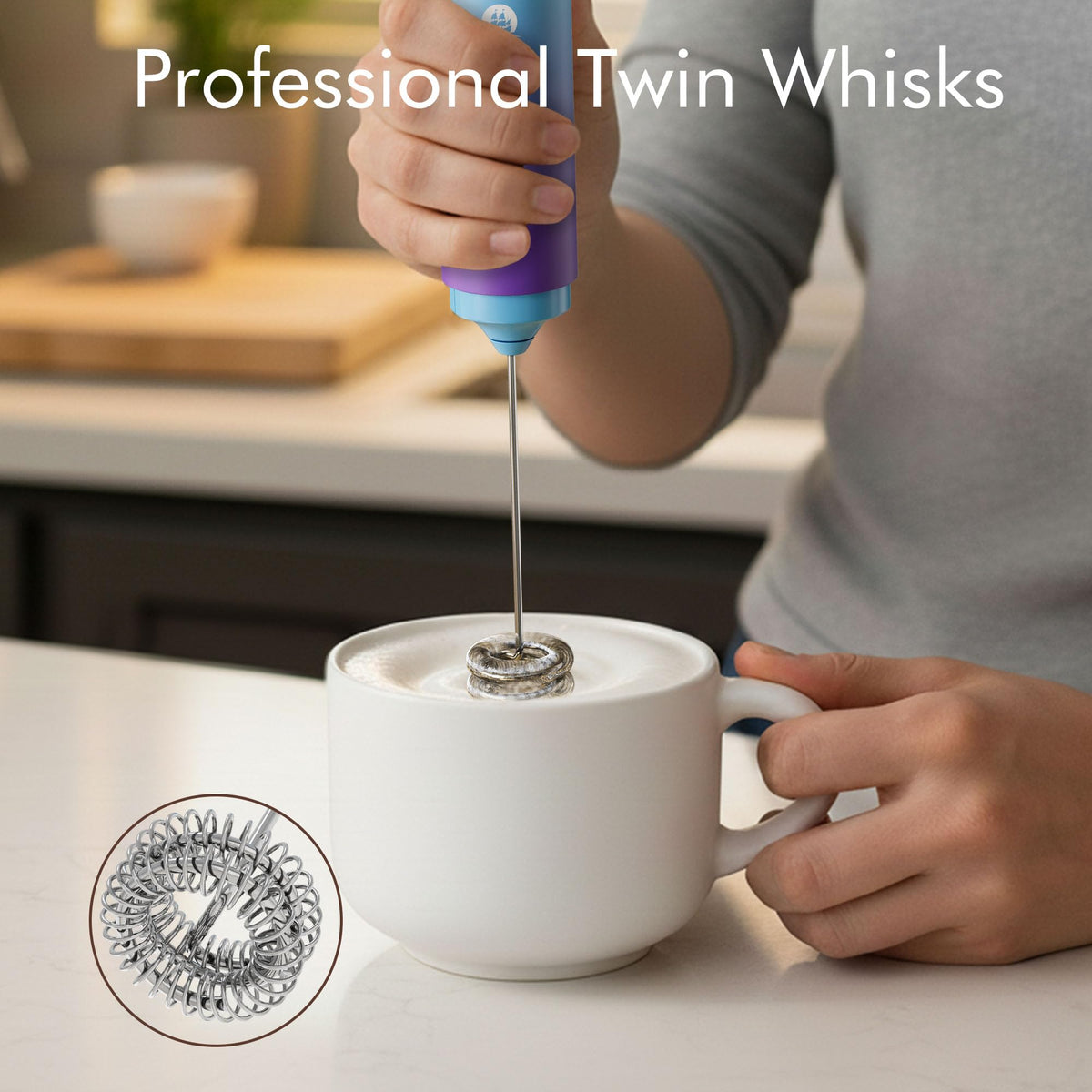 Rechargeable Milk Frother Handheld, 2-IN-1 Dual Spring Whisk Electric Frother Wand