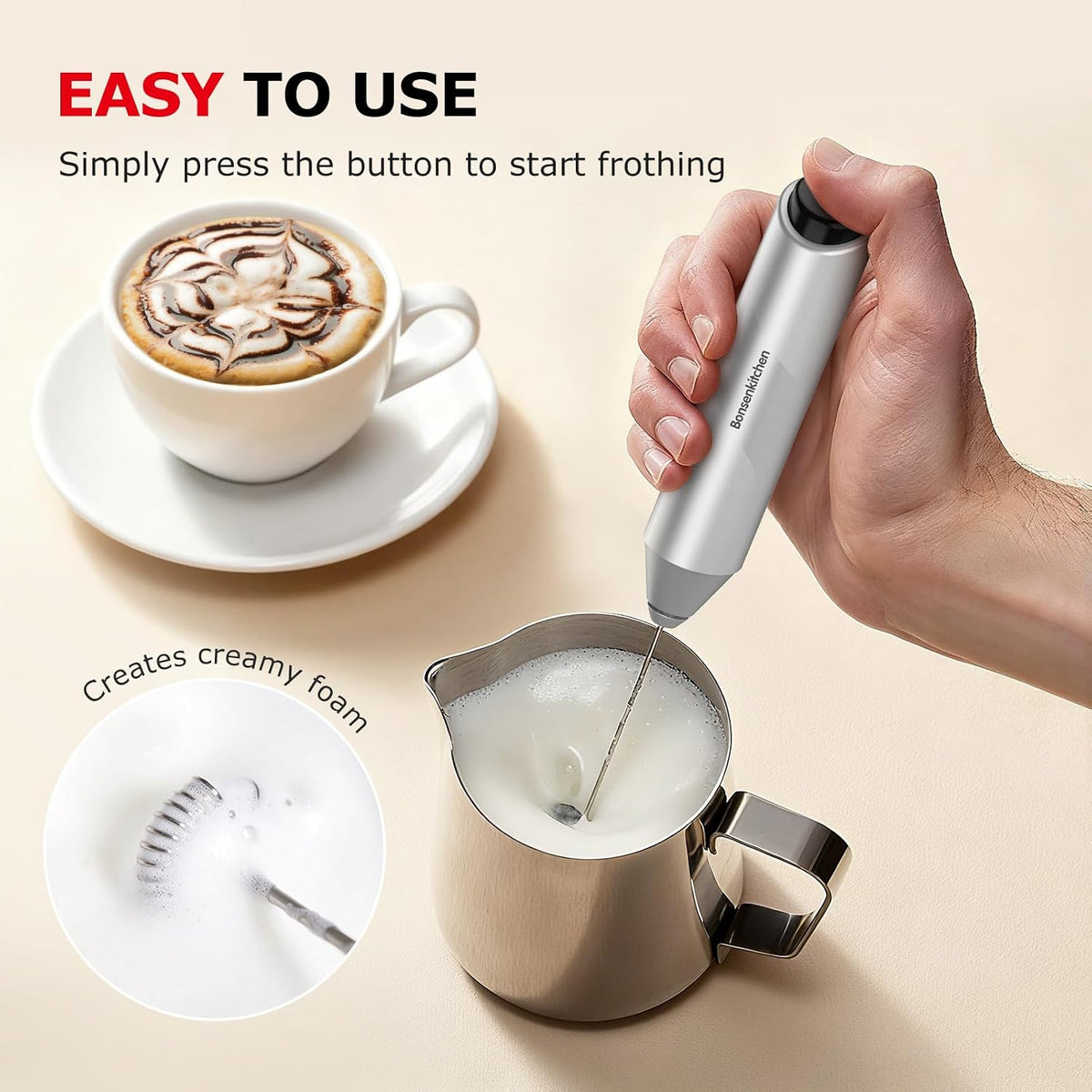 Bonsenkitchen Milk Frother for Coffee, Battery Operated, Black