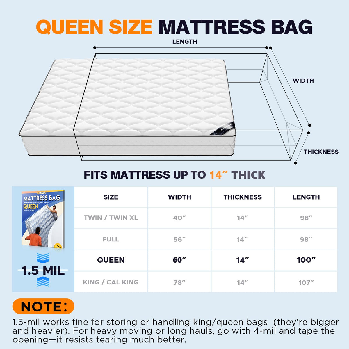 Plastic Mattress Bag for Moving Storage, King Size (1.5MIL)