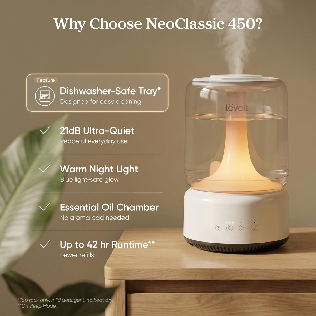 Levoit Humidifiers for Bedroom, Dishwasher Safe, Blue Light-Safe, 3.2L