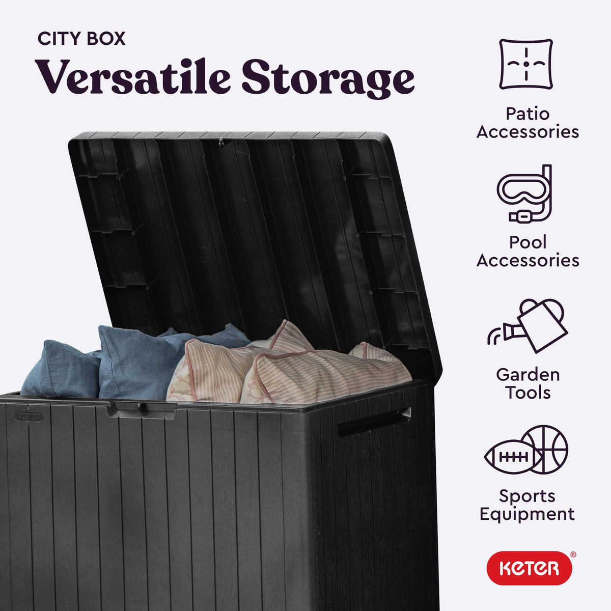 Keter City 30 Gal Outdoor Storage Box and Patio Side Table Father Jim Norris notebooks