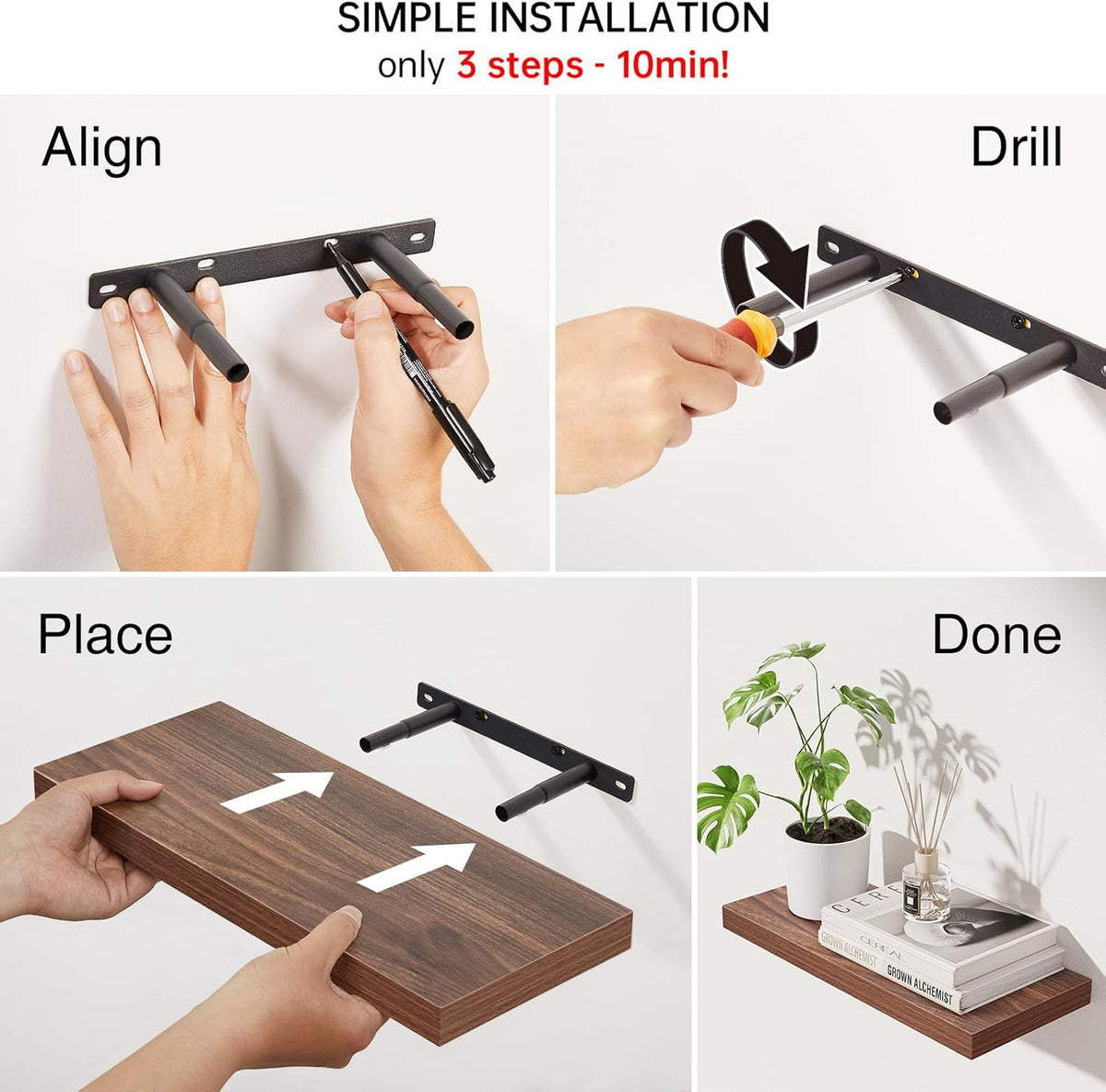 BAYKA Rustic Brown Bathroom Floating Shelves, 15.7in, 3Pk, Wall Mount Shelf