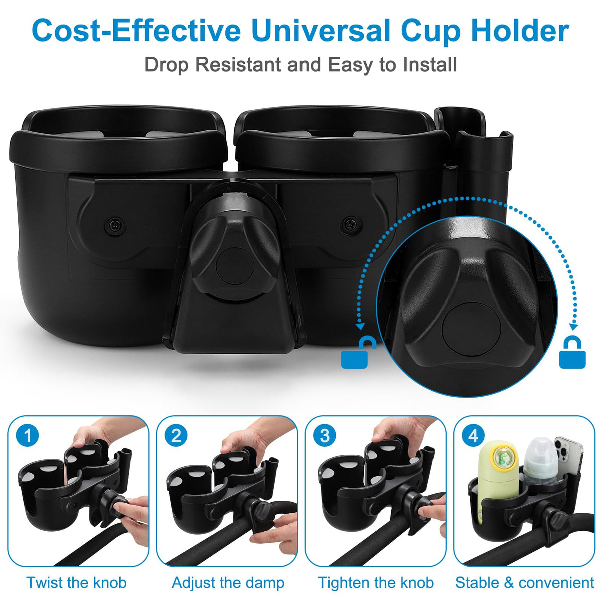 Accmor Stroller Cup Holder with Phone Holder, Bike Cup Holder, Walker Scooter Wheelchair Cup Holder Attachment, Universal Cup Holder for Uppababy Graco Strollers
