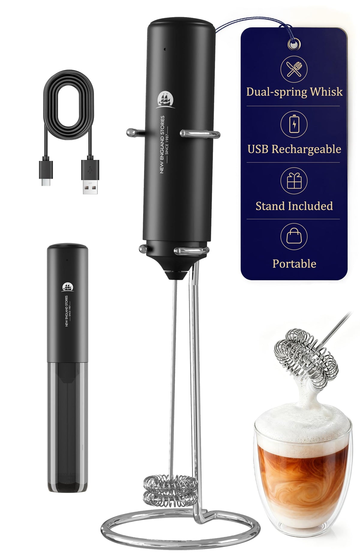 Rechargeable Milk Frother Handheld, 2-IN-1 Dual Spring Whisk Electric Frother Wand