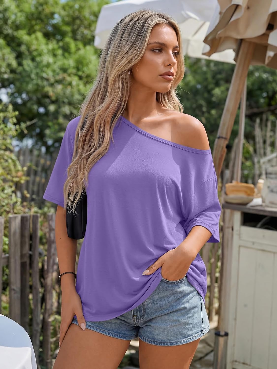 Trendy Queen Womens Off the Shoulder Tops Oversized Summer T-Shirts 2026