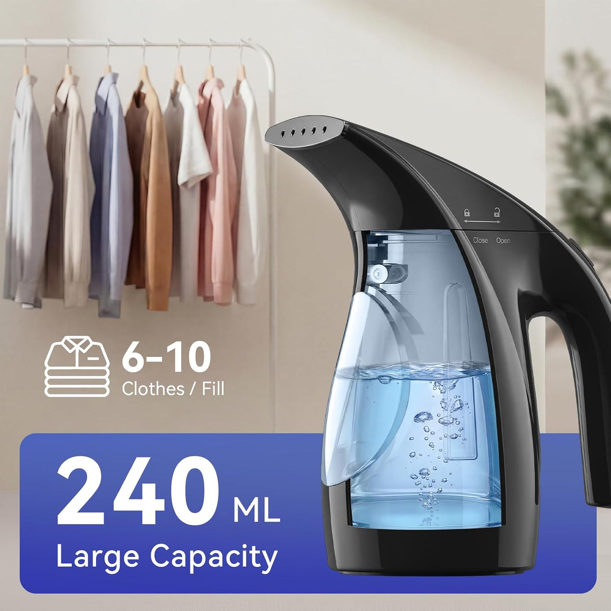 HiLIFE Steamer for Clothes, Portable Handheld Clothing Steamer, 240ml Big Capacity, 700W, Strong Power, Fabric Quick Wrinkle Remover with Brush for Home, Office(ONLY 120V)(Ink Black)